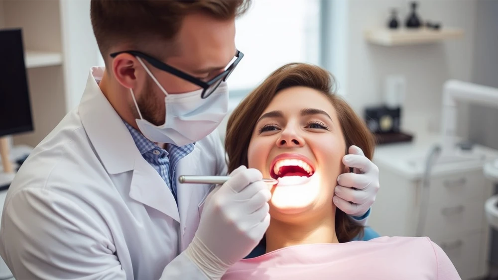 Un dentista investigando la mandibula de una mujer en su consulta médica
