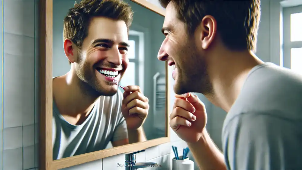 Un hombre mirandose los dientes en un espejo. Vista desde el espejo