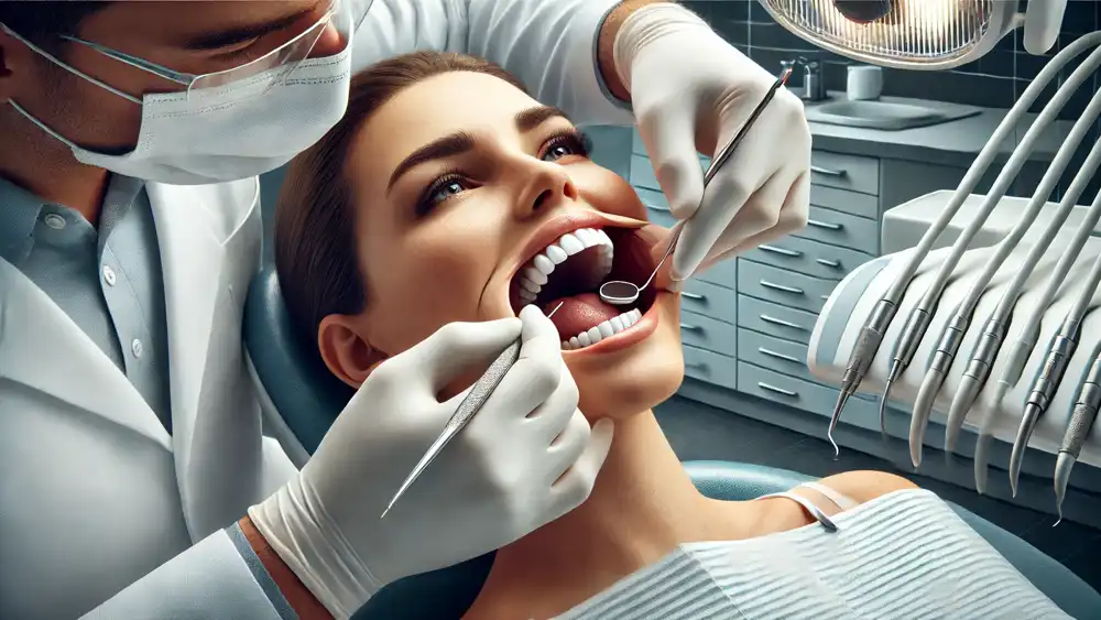 Un dentista poniendole un puente entre muelas a una paciente en su consulta