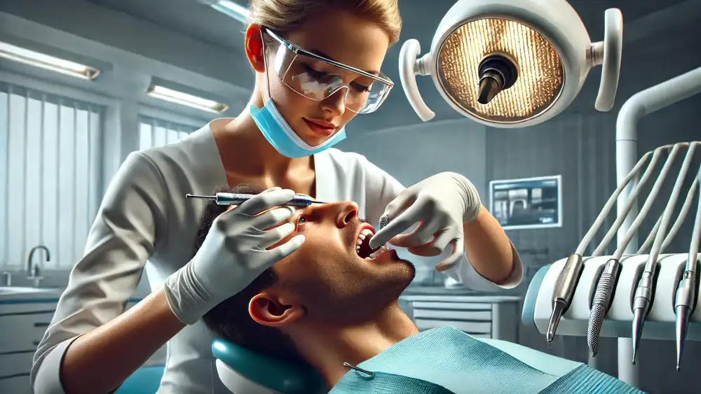 Una dentista poniendole un implante dental a un hombre