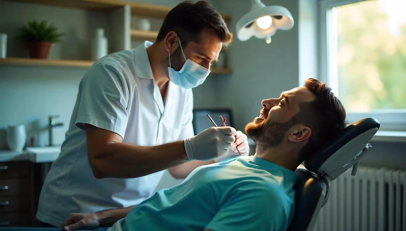 Un dentista arreglando la muela de un paciente hombre