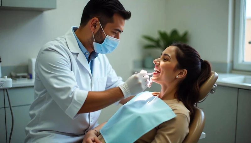 Un dentista arreglando la muela de una paciente mujer