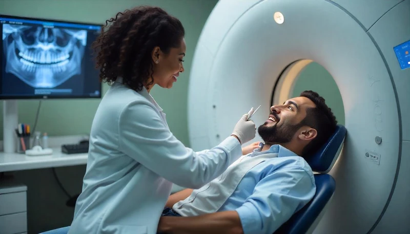 Un dentista haciendo una Tomografía a un paciente