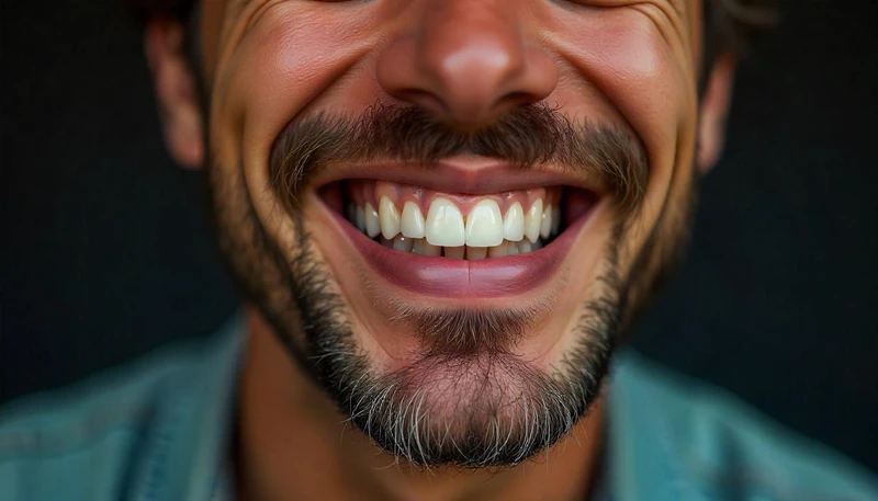 Una boca de hombre sonriendo con carillas dentales