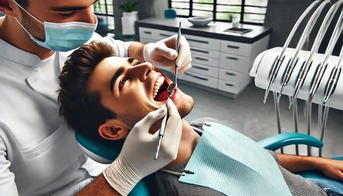 Dentista eliminandole el sarro a un paciencia